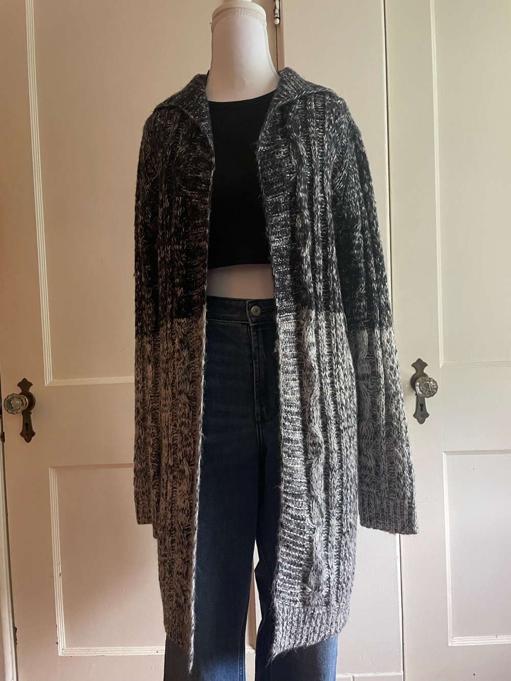 Hem & Thread Ombre Cable Knit Open-Front Cardigan - Black & Gray